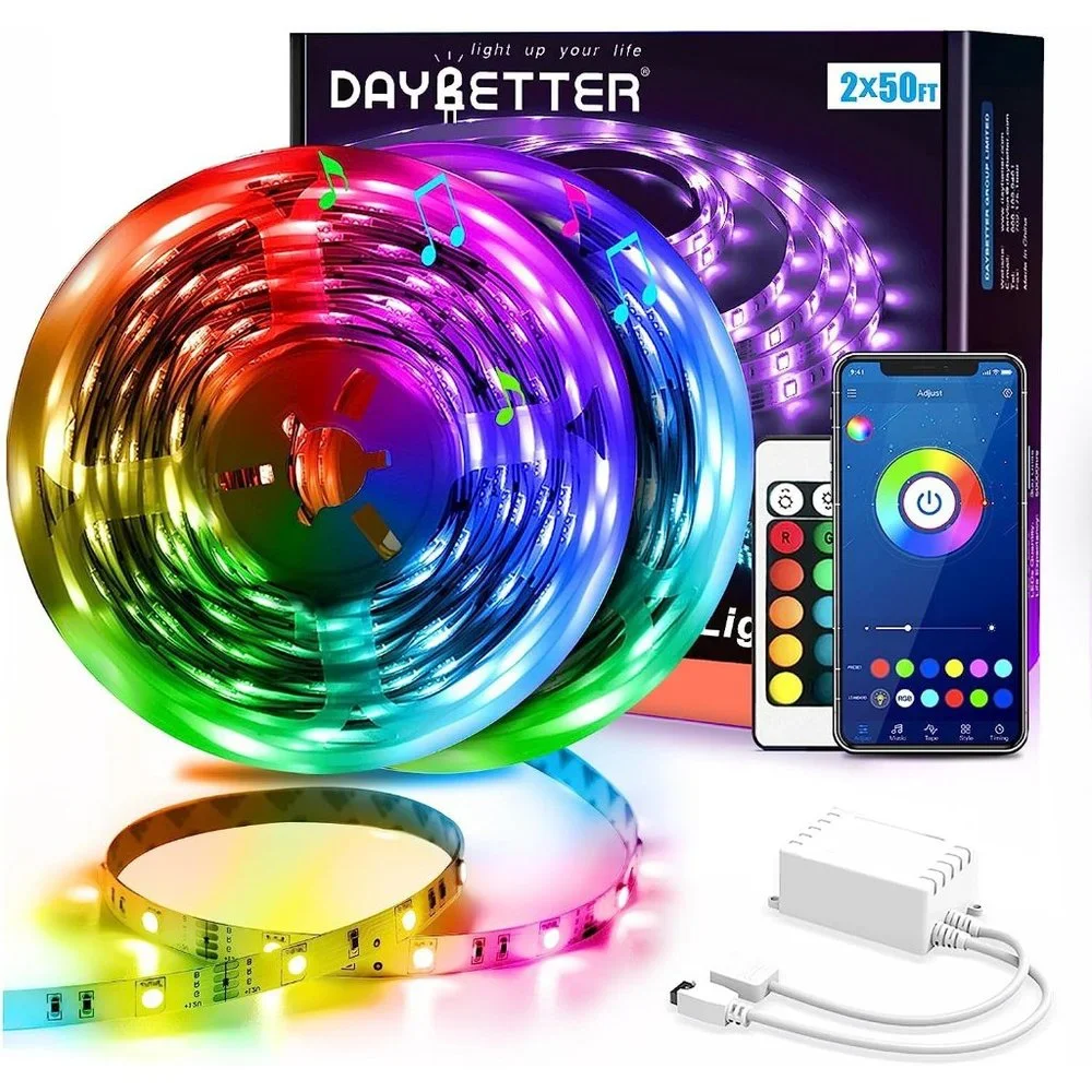 2 Rolls of 50ft Led Strip Smart 5050 RGB Color Change Music Light for Bedroom